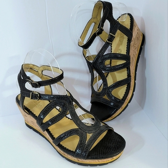 bussola Shoes - Bussola Cork Wedge Strappy Sandals Leather Snakeskin Pattern Black 40 9